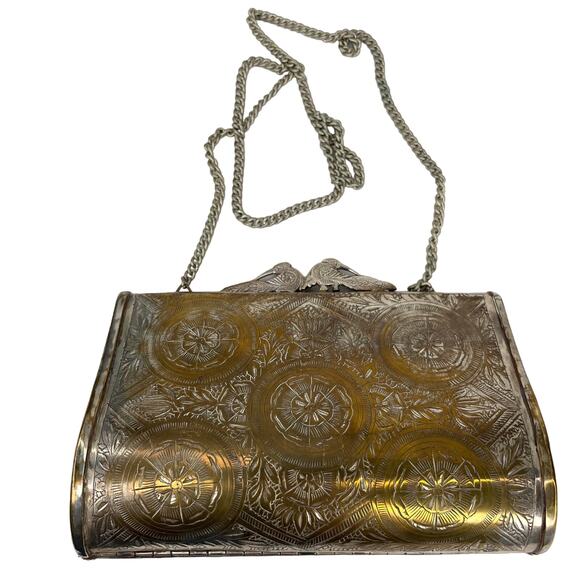 Vintage Peacock Flower Engraved Brass Pillow Purse Chain Strap 7" x 4.5" - Picture 12 of 16